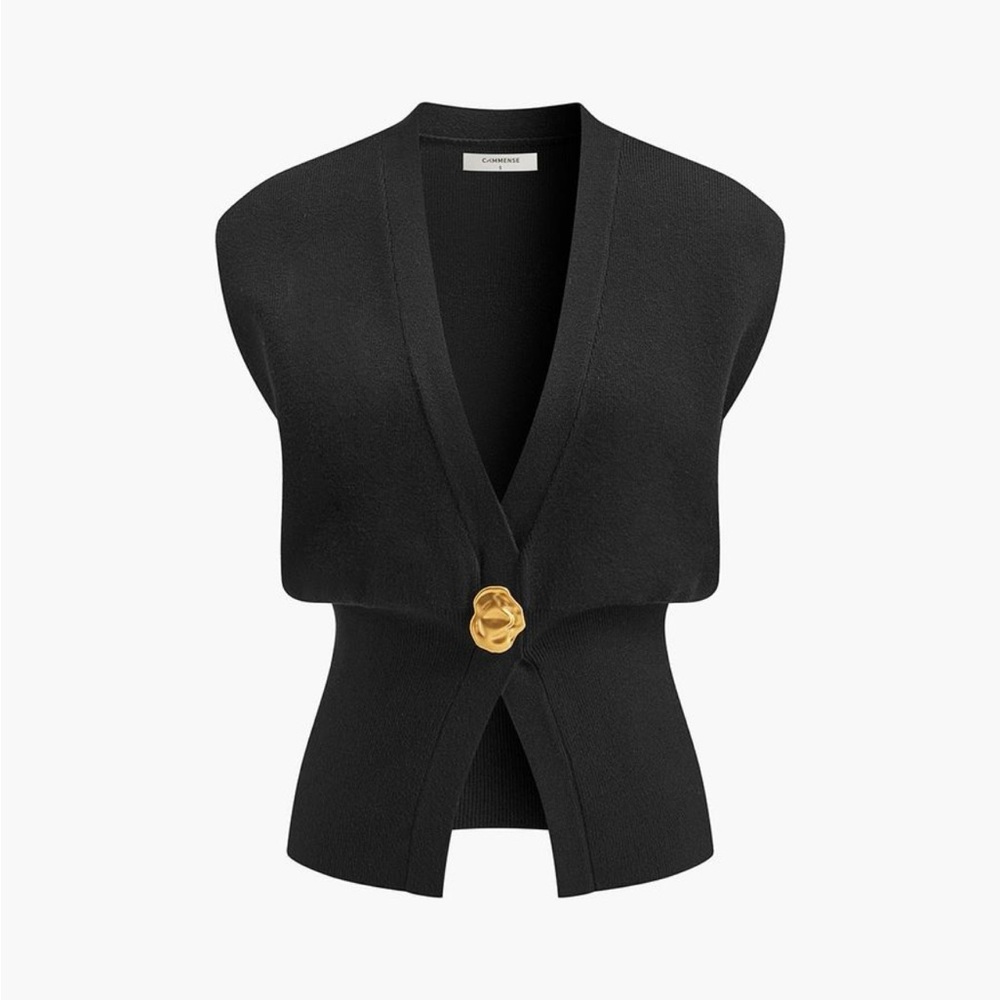 Commense Black Knit Vest with Gold Floral Button